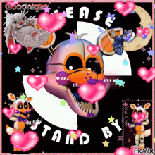 a collage of five nights at freddy 's characters with the words goodnight ease stand by surrounded by pink hearts