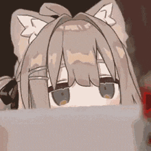 a cartoon of a girl with cat ears peeking out from behind a box .