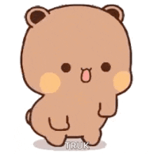 a cartoon teddy bear is standing on its hind legs with its tongue out .