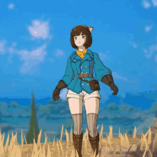 a girl in a blue jacket and brown shorts is dancing in a field
