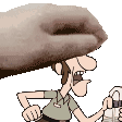 a cartoon man is holding a lighter in his hand while a hand holds his head .