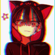 a girl with a cat ear hoodie has the word samagna written on her face