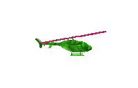 a green helicopter with a red blade is flying in the air