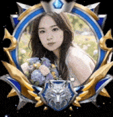 a picture of a woman with flowers in a frame with a wolf on it