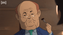 a man in a suit and tie is eating something with a fork and the words [ as ] on the bottom right