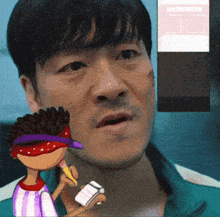 a man with a blindfold on his eyes is holding a pen