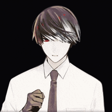 a man wearing a white shirt and black tie has red eyes