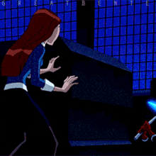 a cartoon shows a girl fighting a robot with the letters g and e visible