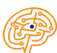 an orange and white drawing of a brain with a blue circle in the middle