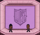 two cartoon characters are standing in front of a screen that says close