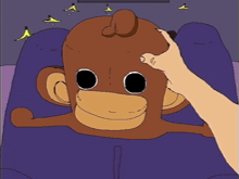 a cartoon of a person petting a stuffed monkey 's head