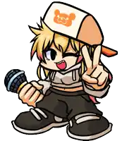 a girl in a baseball cap is holding a microphone and giving the peace sign .