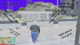 a screenshot of a video game shows a man walking towards a building