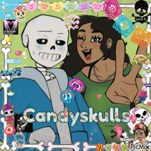 a picture of a skeleton and a girl with the words candyskulls on the bottom right