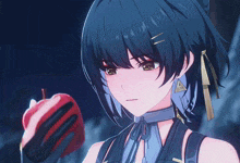a girl with blue hair is holding an apple