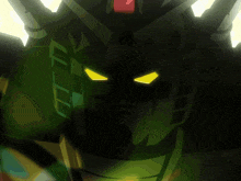 a close up of a robot with yellow eyes