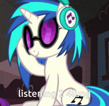 a pony wearing headphones and sunglasses is listening to music