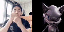a man is making a face next to a picture of a cartoon character .