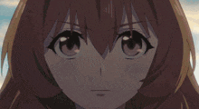 a close up of a anime girl 's face with a serious look on her face