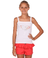 a young girl in a white tank top and red shorts