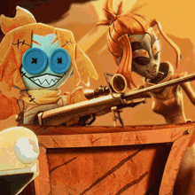 a cartoon character with blue buttons on his eyes is holding a rifle