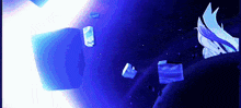 a person is standing in a dark room with blue lights behind them