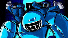 a drawing of a blue robot with a helmet and a smile on its face .