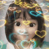 a little girl is surrounded by glowing hearts on her head