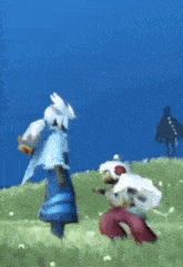 a couple of cartoon characters are standing in the grass .
