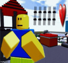 a roblox character with a sad face is standing in front of a building .