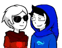 a pixel art drawing of a boy in a blue hoodie kissing another boy on the cheek
