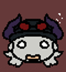 a pixel art drawing of a cartoon character with horns and skulls