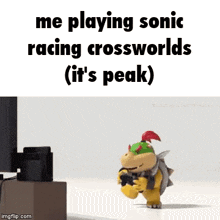 a cartoon character is playing sonic racing crossworlds on a television