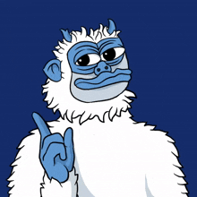 a cartoon drawing of a yeti with a blue face giving a middle finger