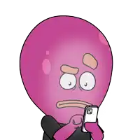 a cartoon drawing of a pink balloon holding a cellphone