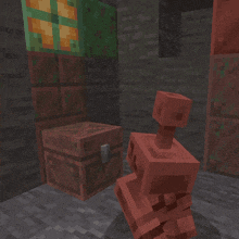 a minecraft character stands next to a chest and a brick wall