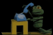 a frog is talking on a blue toy phone