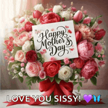a bouquet of pink and white flowers with a card that says happy mother 's day