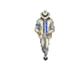 a pixel art of a man in a white suit and hat dancing
