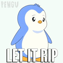 a blue and white penguin flexing his muscles with the words let it rip below him