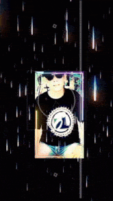 a man wearing sunglasses and a black shirt with a white circle on it