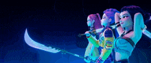 a group of cartoon characters are standing next to each other holding swords in a row .