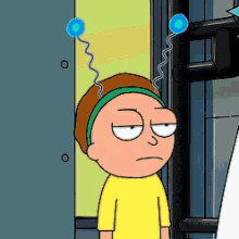 a cartoon character wearing a yellow shirt and a headband with balloons on it