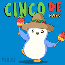 a penguin is wearing a sombrero and holding maracas on a blue background
