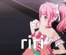 a pink haired anime girl with the word riri on the bottom right