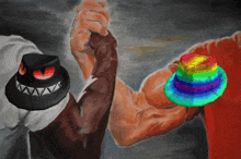 a painting of a man wearing a rainbow hat