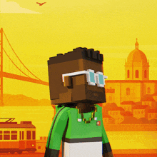 a cartoon character wearing sunglasses and a green hoodie stands in front of a bridge