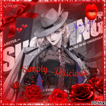 a picture of a woman in a hat and tie with the words simply delicious on it