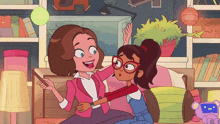 a cartoon of two girls sitting on a couch talking