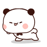 a cartoon panda bear is standing on its hind legs and looking at the camera .
